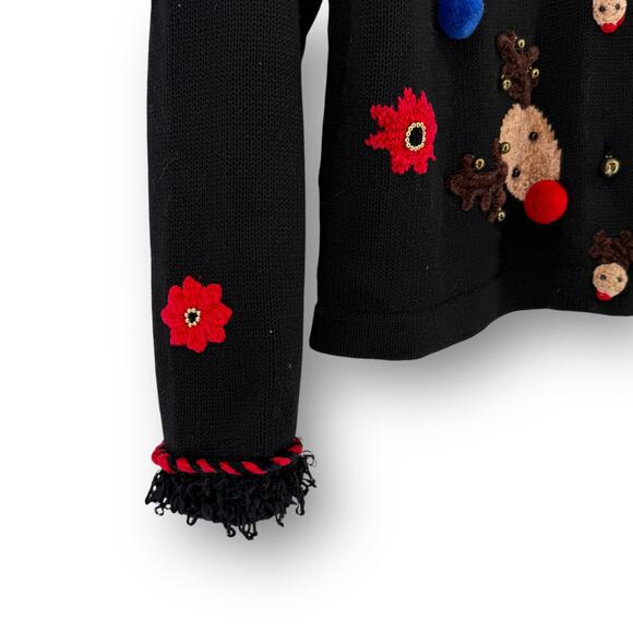 Jack B Quick Reindeer Christmas Cardigan Sweater Sz Medium Pom Pom Jingle Bells - Picture 3 of 6